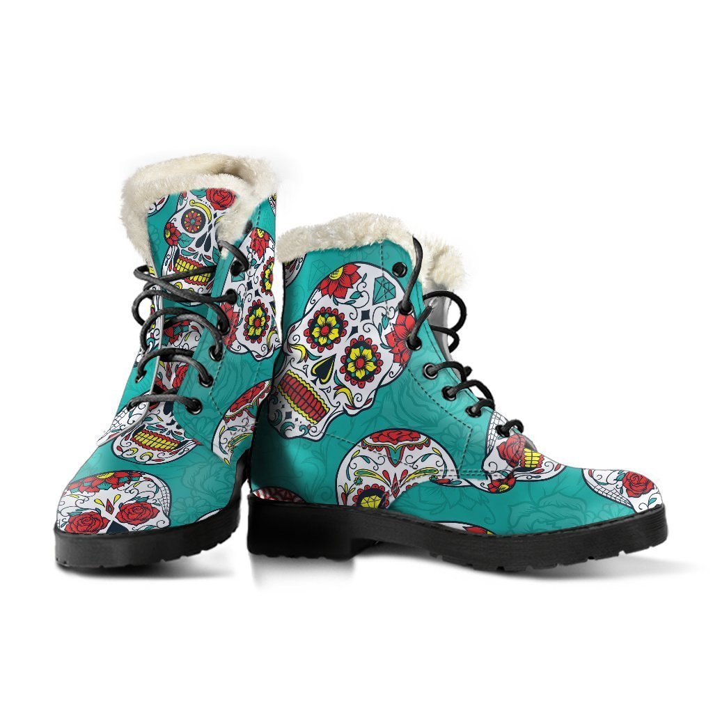 Teal Sugar Skull Pattern Faux Fur Leather Boots for Boho Chic Hippies - 3