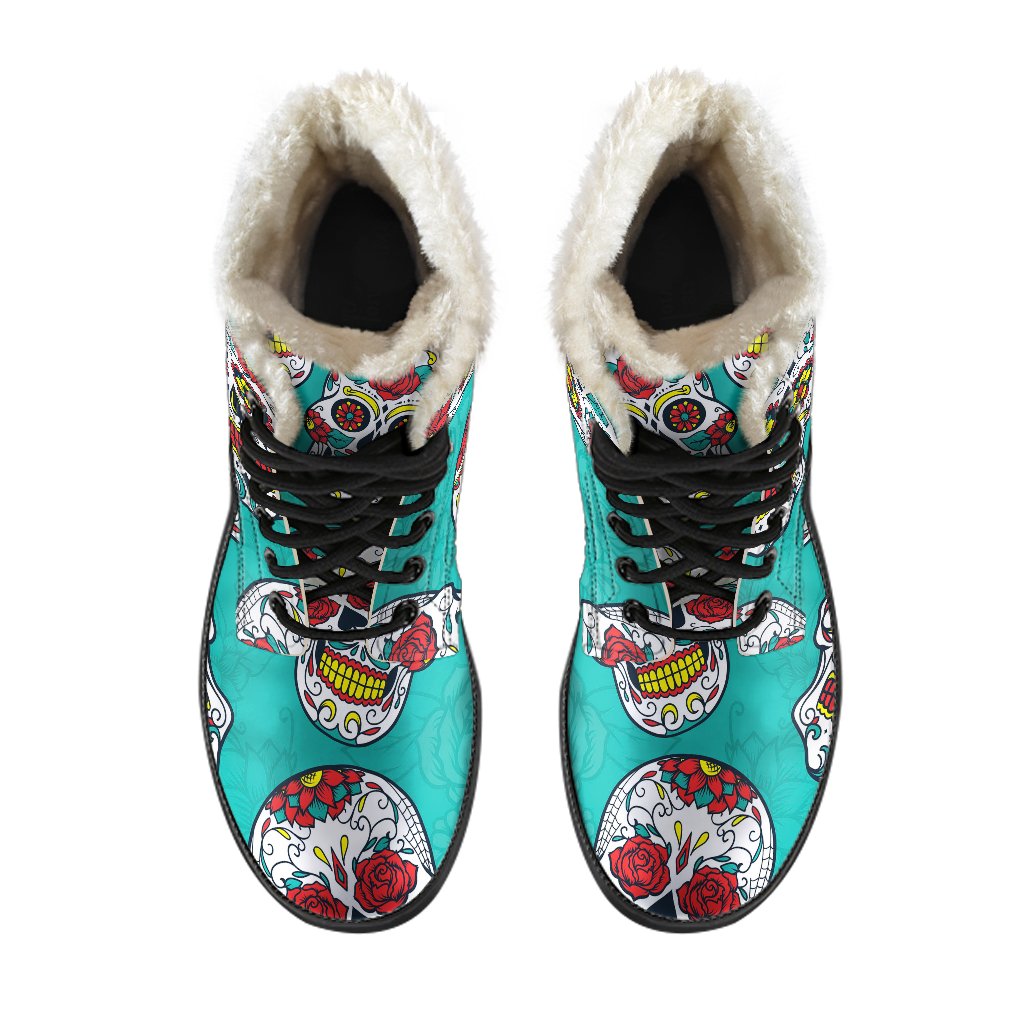 Teal Sugar Skull Pattern Faux Fur Leather Boots for Boho Chic Hippies - 4