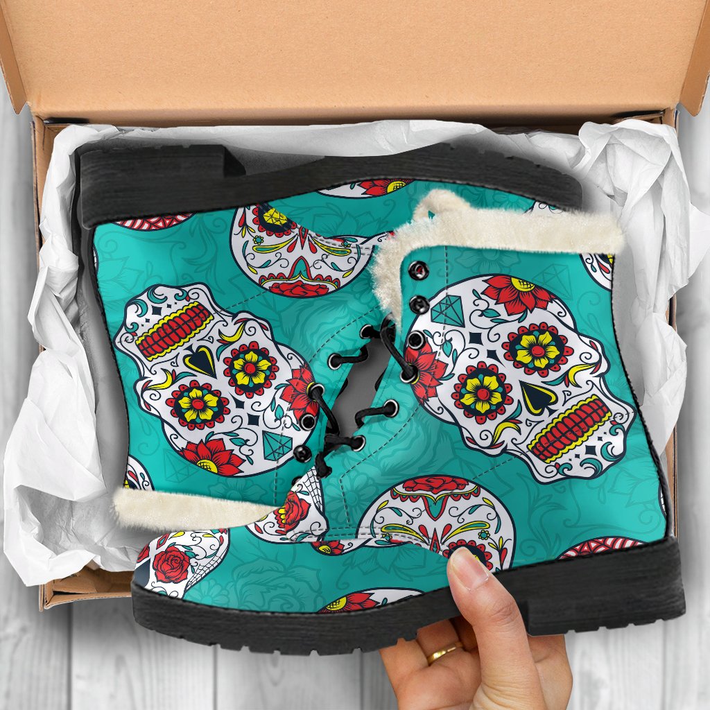 Teal Sugar Skull Pattern Faux Fur Leather Boots for Boho Chic Hippies - 5