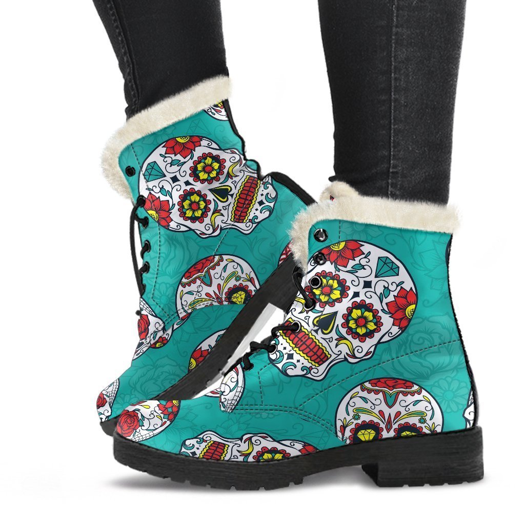 Teal Sugar Skull Pattern Faux Fur Leather Boots for Boho Chic Hippies - 1