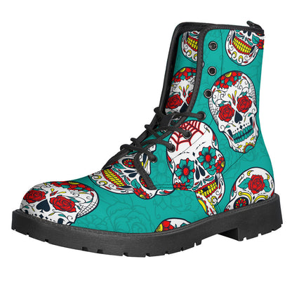 Teal Sugar Skull Patterned Leather Boots: A Stylish Choice for Modern Hippies - 1