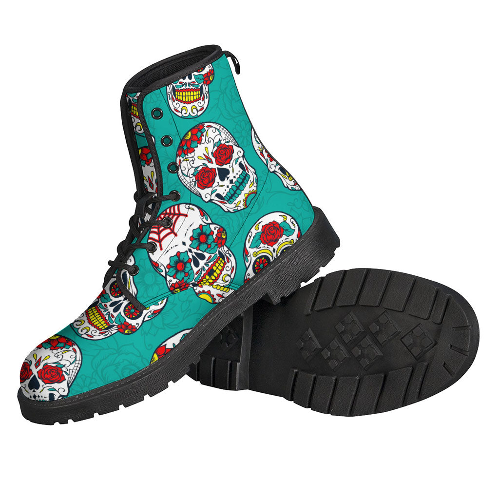 Teal Sugar Skull Patterned Leather Boots: A Stylish Choice for Modern Hippies - 2