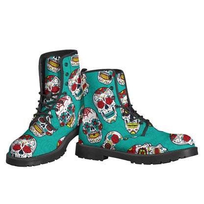 Teal Sugar Skull Patterned Leather Boots: A Stylish Choice for Modern Hippies - 3