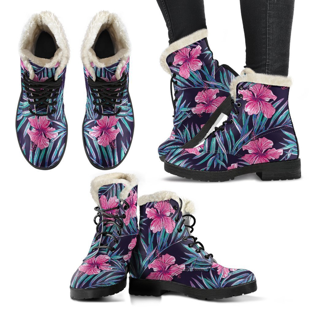 Teal Tropical Hibiscus Faux Fur Leather Boots: Embrace Your Inner Hippie Style! - 2