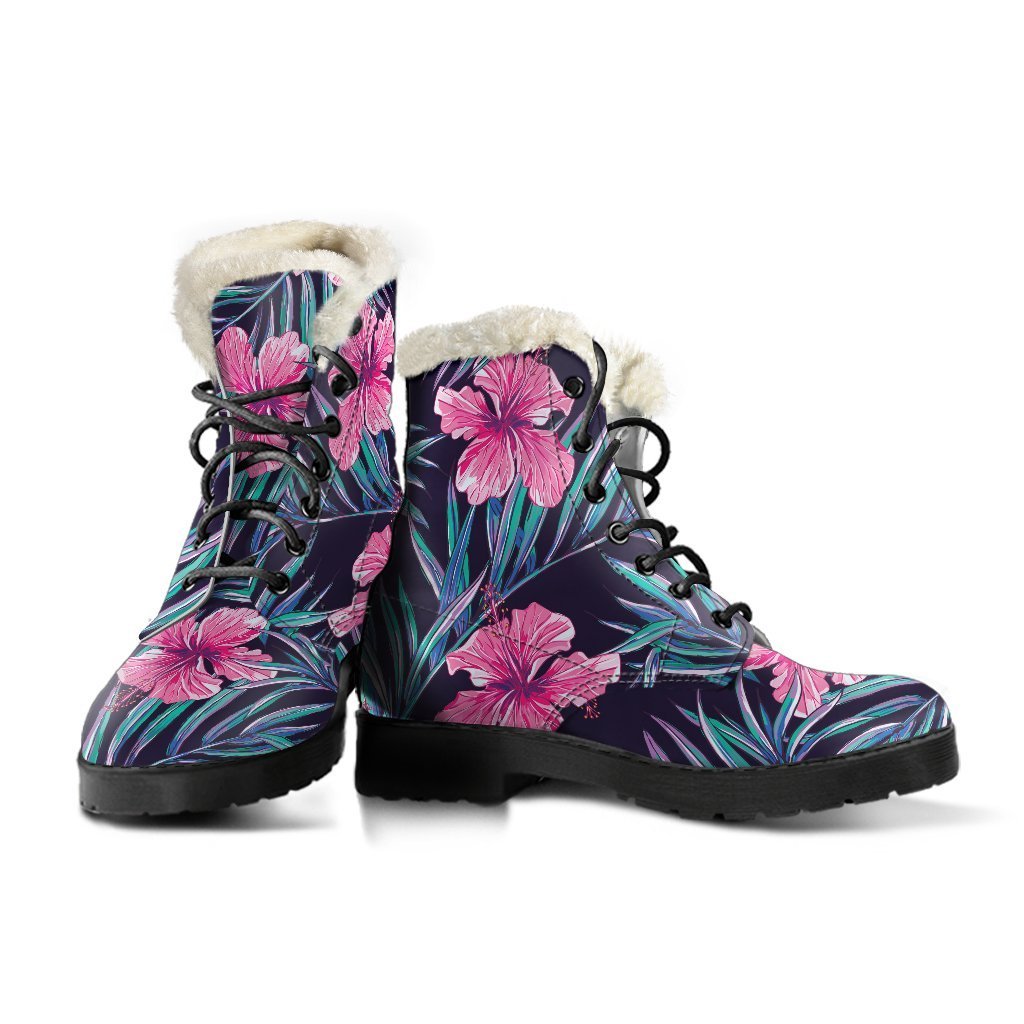 Teal Tropical Hibiscus Faux Fur Leather Boots: Embrace Your Inner Hippie Style! - 3