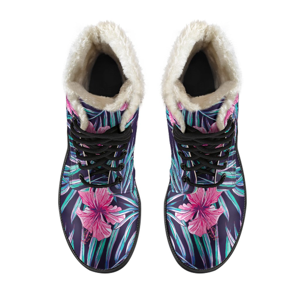 Teal Tropical Hibiscus Faux Fur Leather Boots: Embrace Your Inner Hippie Style! - 4