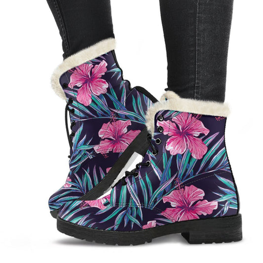 Teal Tropical Hibiscus Faux Fur Leather Boots: Embrace Your Inner Hippie Style! - 1