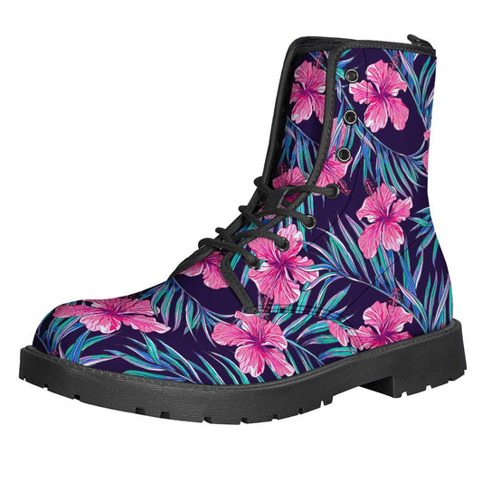 Teal Tropical Hibiscus Pattern Print Leather Boots: A Stylish Choice for Modern Hippies - 1