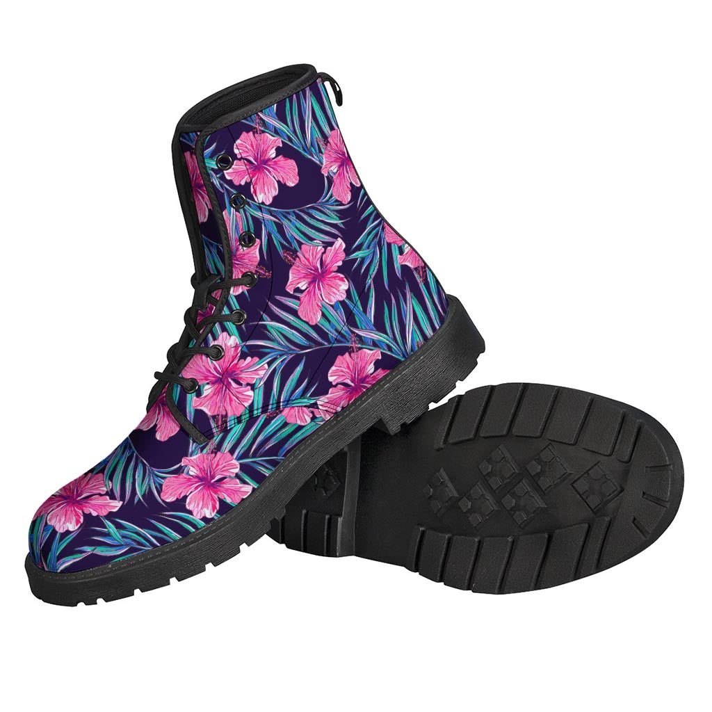 Teal Tropical Hibiscus Pattern Print Leather Boots: A Stylish Choice for Modern Hippies - 2