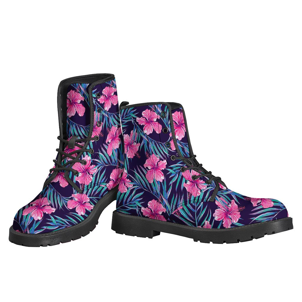 Teal Tropical Hibiscus Pattern Print Leather Boots: A Stylish Choice for Modern Hippies - 3