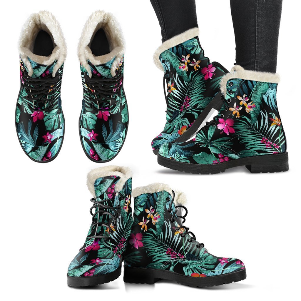 Teal Tropical Leaf Hawaii Pattern Faux Fur Leather Hippie Boots - 2