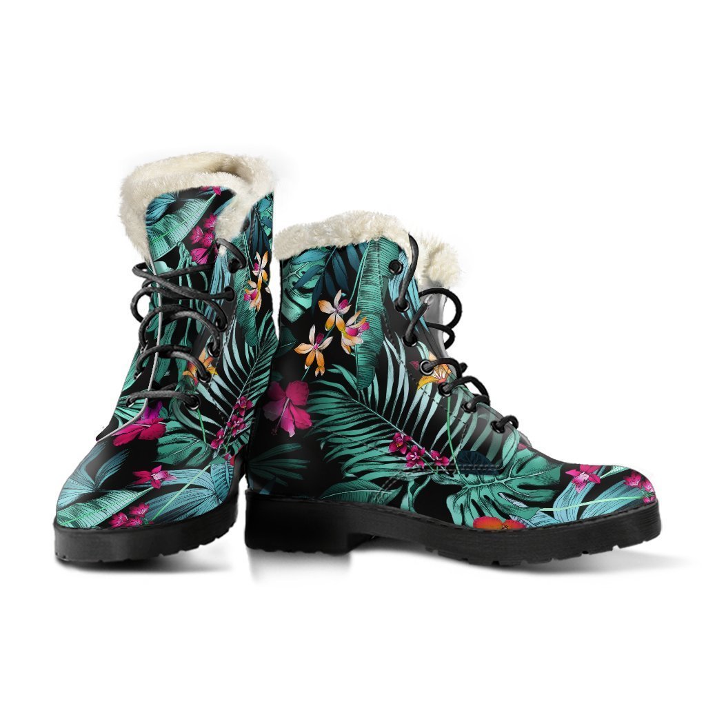 Teal Tropical Leaf Hawaii Pattern Faux Fur Leather Hippie Boots - 3