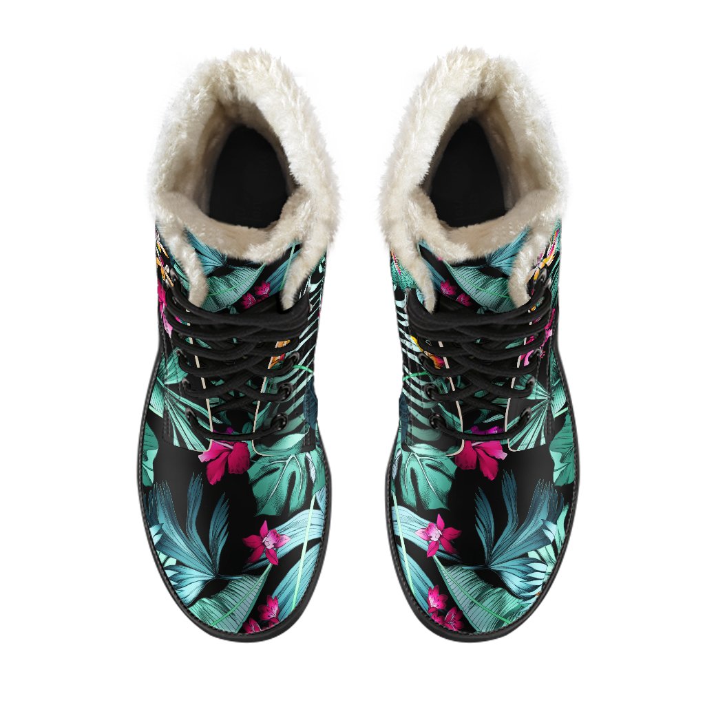 Teal Tropical Leaf Hawaii Pattern Faux Fur Leather Hippie Boots - 4