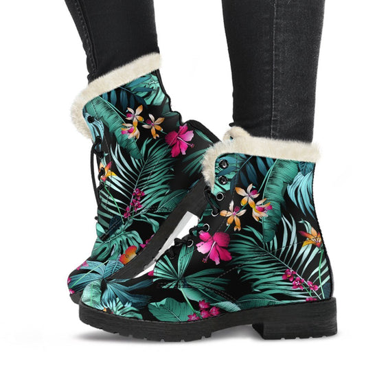 Teal Tropical Leaf Hawaii Pattern Faux Fur Leather Hippie Boots - 1