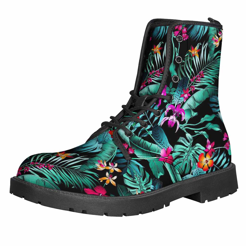 Teal Tropical Leaf Leather Lightweight Boots - Walk in Hippie Style! - 1