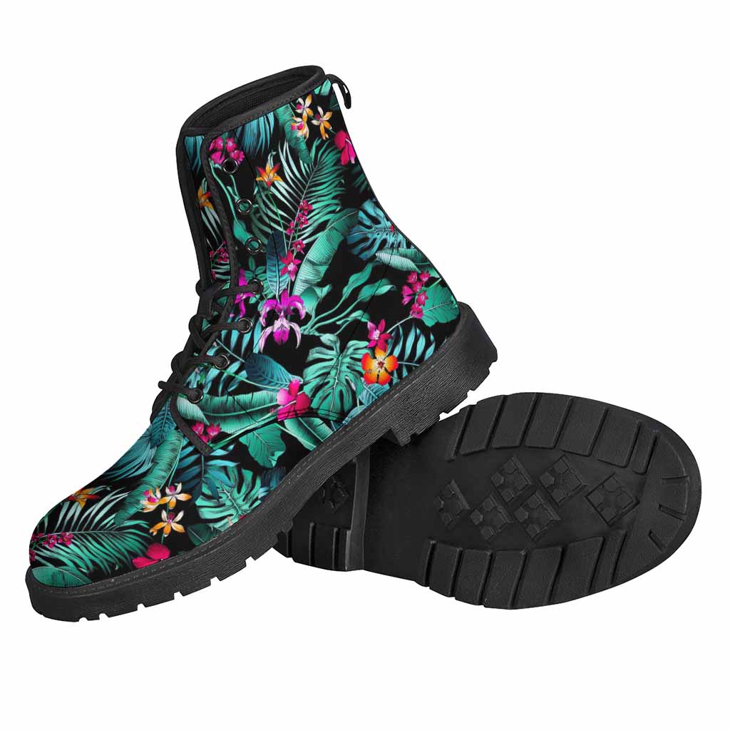 Teal Tropical Leaf Leather Lightweight Boots - Walk in Hippie Style! - 2