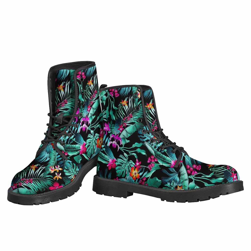 Teal Tropical Leaf Leather Lightweight Boots - Walk in Hippie Style! - 3