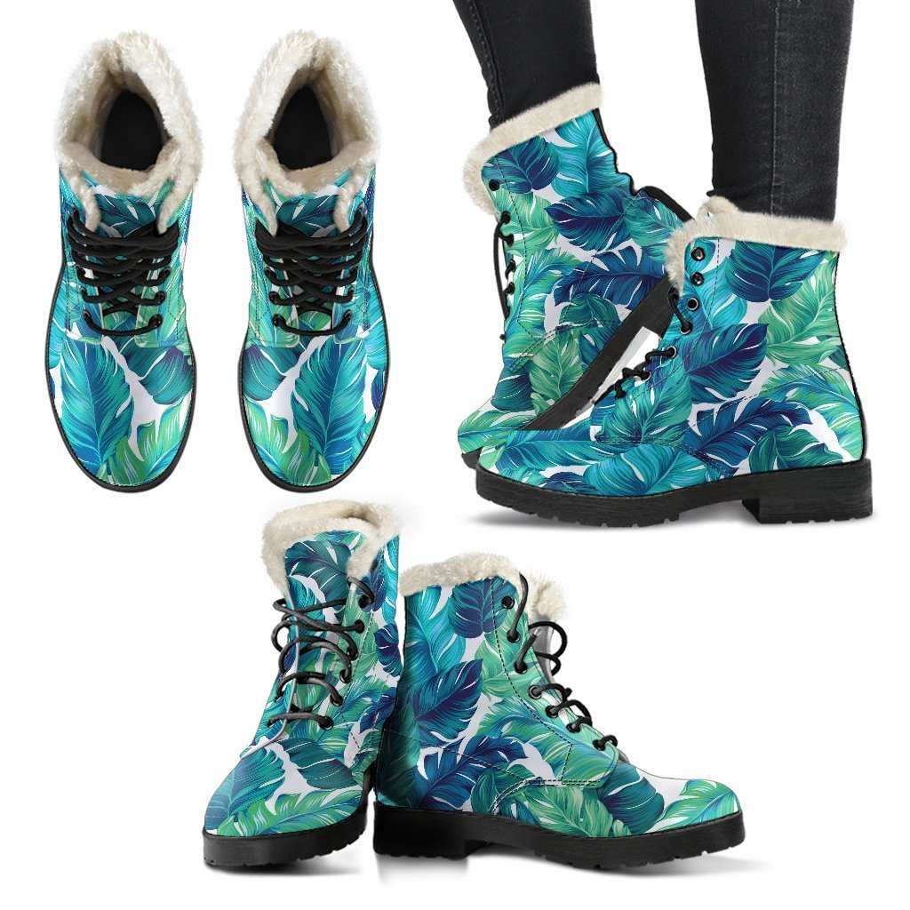 Teal Tropical Leaf Pattern Print Faux Fur Leather Hippie Boots - 2