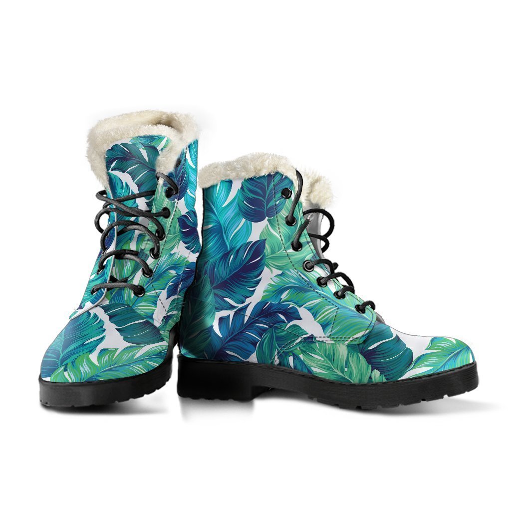 Teal Tropical Leaf Pattern Print Faux Fur Leather Hippie Boots - 3