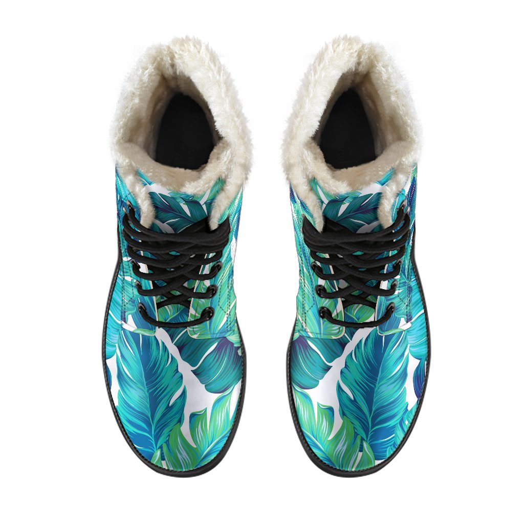 Teal Tropical Leaf Pattern Print Faux Fur Leather Hippie Boots - 4