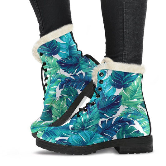 Teal Tropical Leaf Pattern Print Faux Fur Leather Hippie Boots - 1