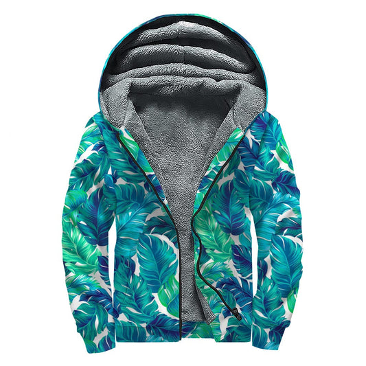 Teal Tropical Leaf Pattern Print Sherpa Lined Zip Up Hoodie: Embrace Your Inner Hippie Style - 1