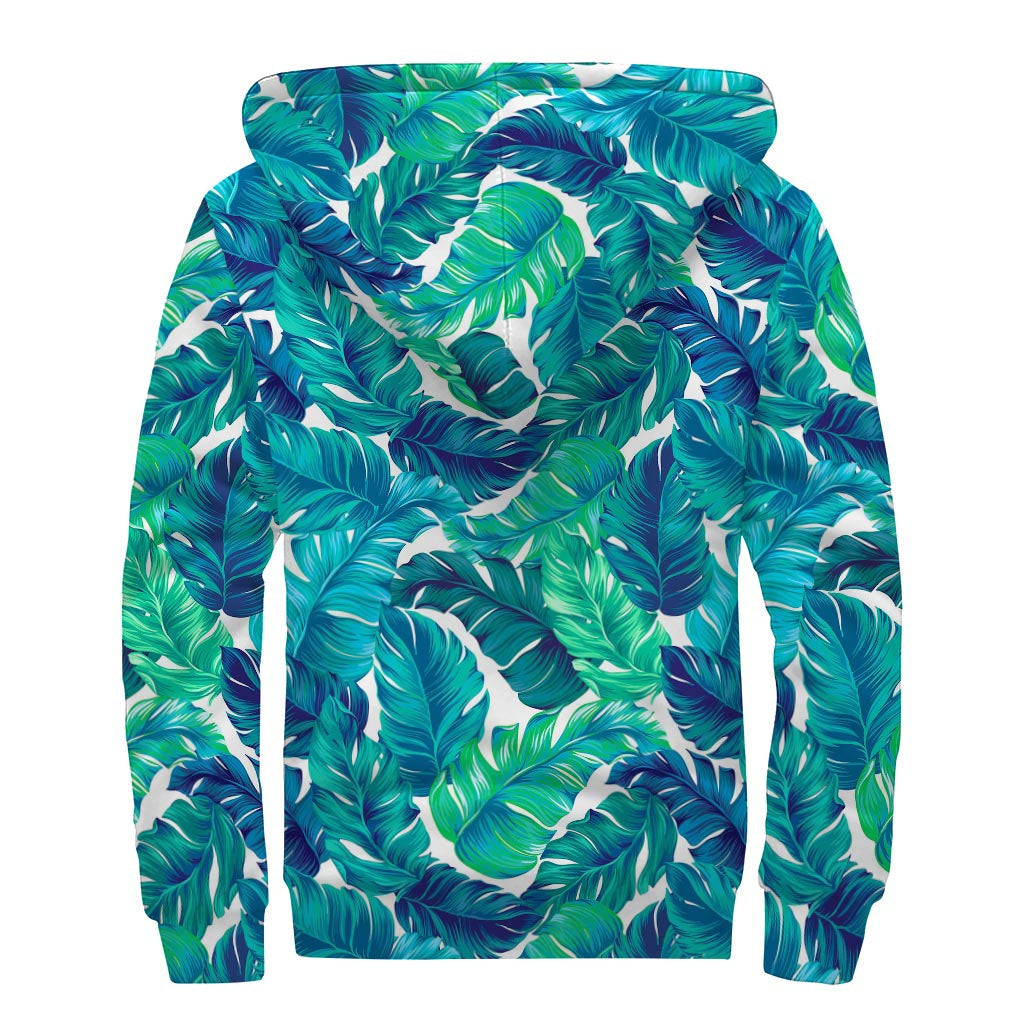 Teal Tropical Leaf Pattern Print Sherpa Lined Zip Up Hoodie: Embrace Your Inner Hippie Style - 2