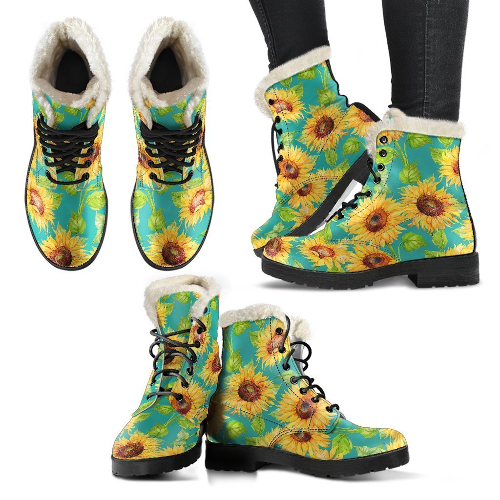 Teal Watercolor Sunflower Faux Fur Leather Boots for Fashionable Hippies - 2