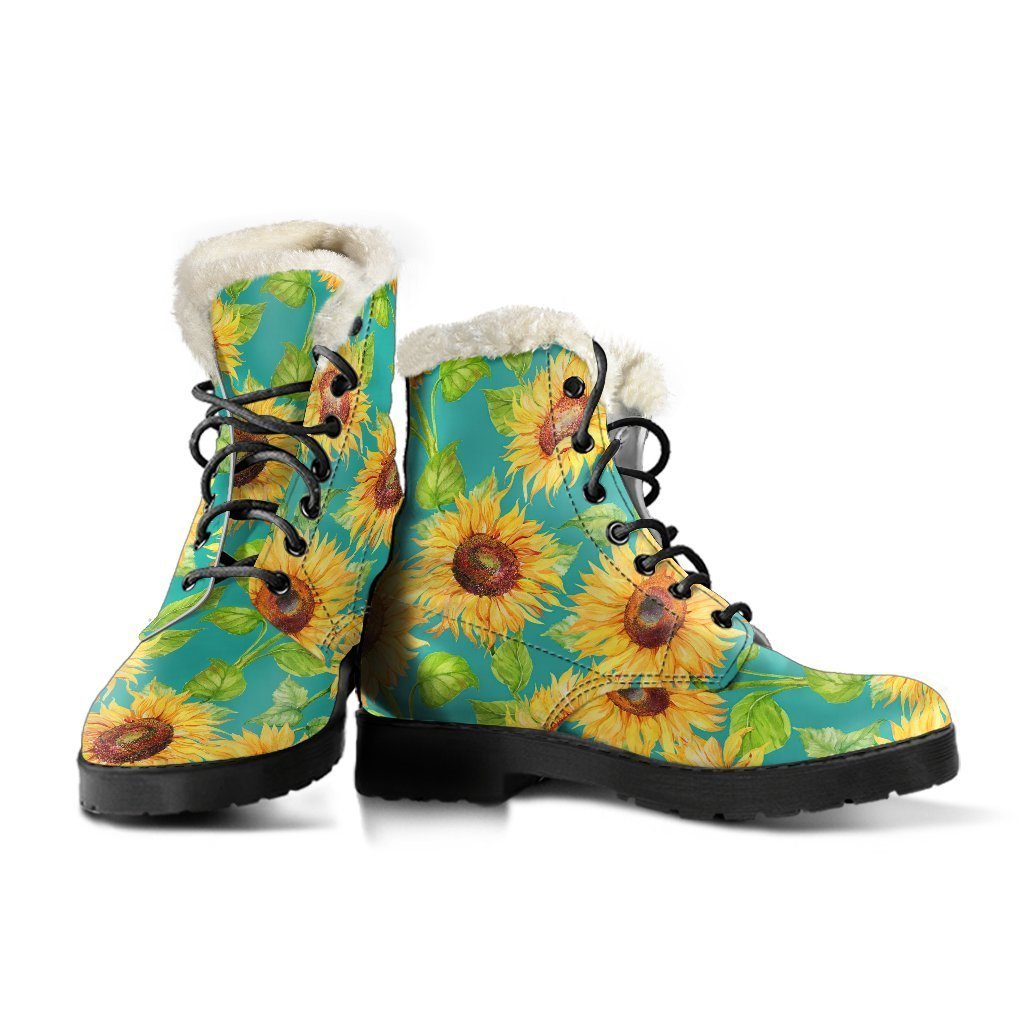 Teal Watercolor Sunflower Faux Fur Leather Boots for Fashionable Hippies - 3