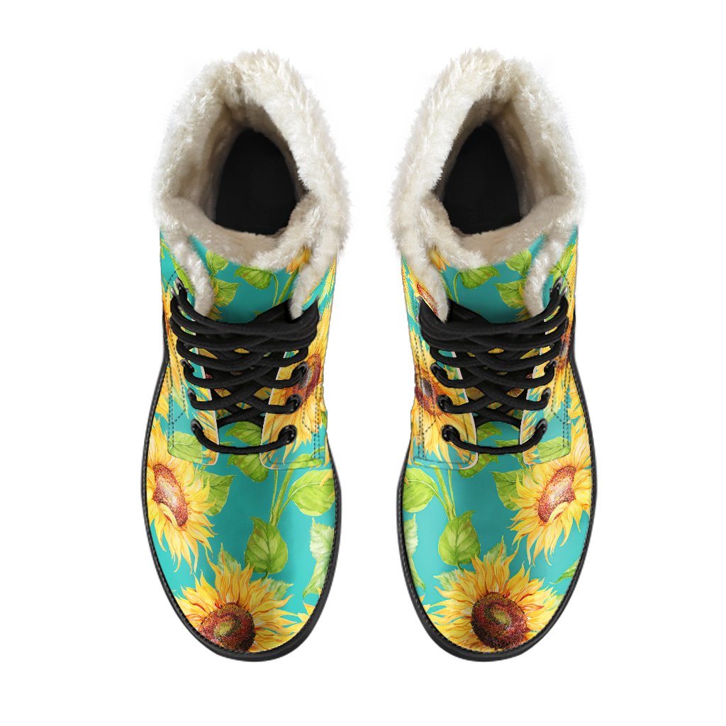 Teal Watercolor Sunflower Faux Fur Leather Boots for Fashionable Hippies - 4