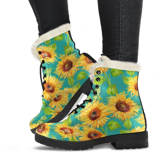 Teal Watercolor Sunflower Faux Fur Leather Boots for Fashionable Hippies - 1