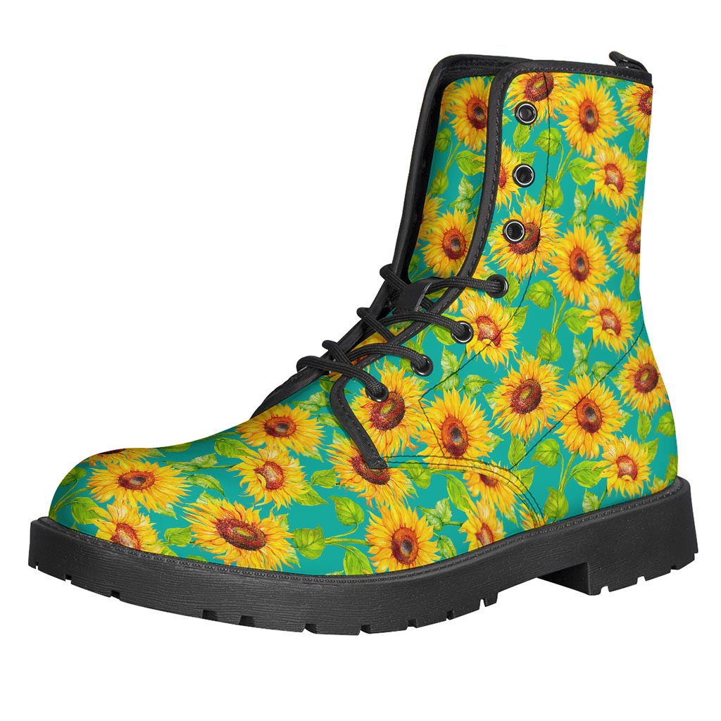 Teal Watercolor Sunflower Pattern Leather Lightweight Boots for the Free-Spirited Hippie - 1