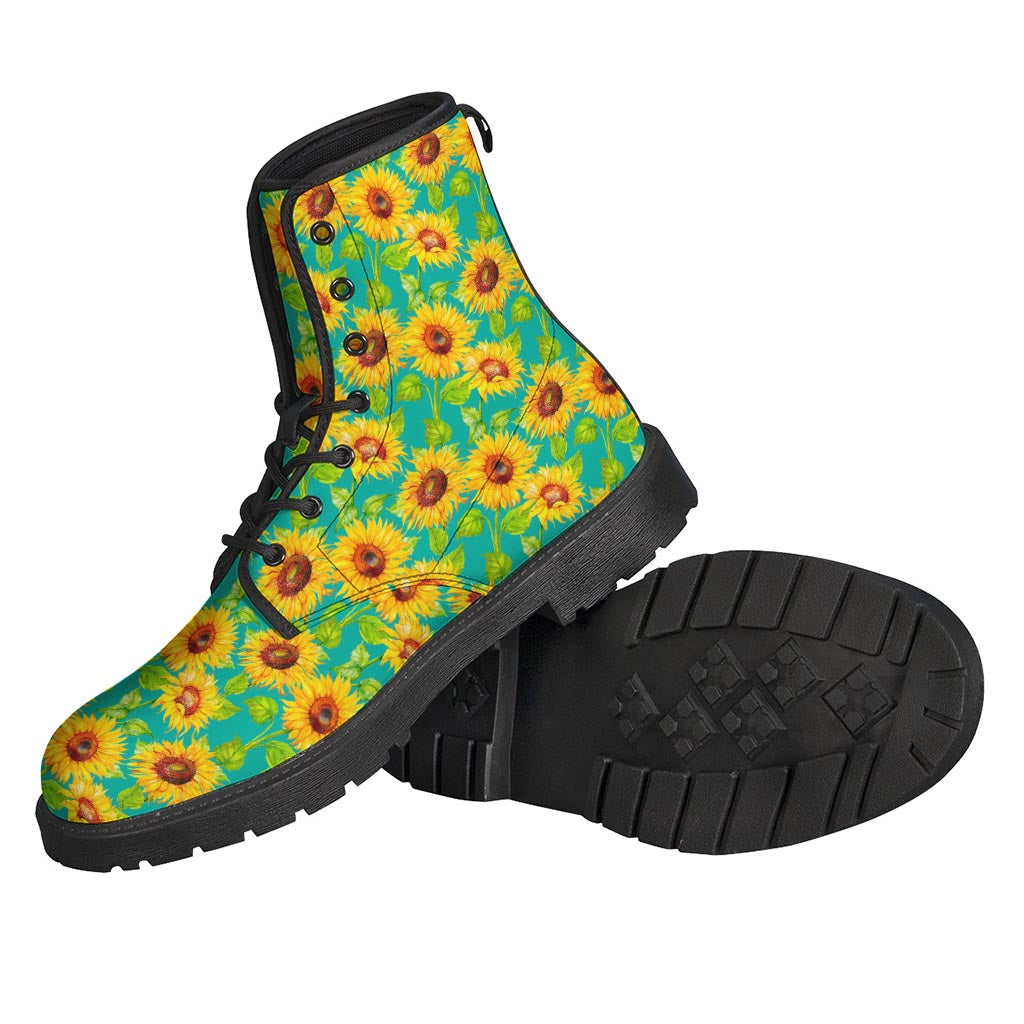 Teal Watercolor Sunflower Pattern Leather Lightweight Boots for the Free-Spirited Hippie - 2