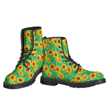 Teal Watercolor Sunflower Pattern Leather Lightweight Boots for the Free-Spirited Hippie - 3