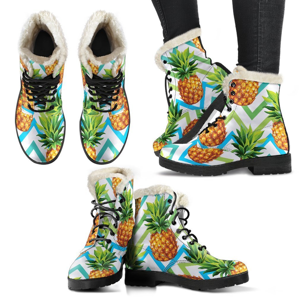 Teal Zig Zag Pineapple Pattern Faux Fur Leather Boots for the Groovy Hippie - 2