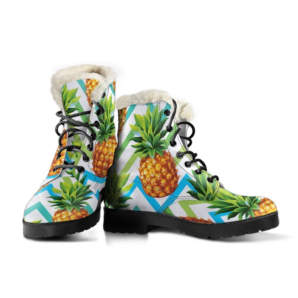 Teal Zig Zag Pineapple Pattern Faux Fur Leather Boots for the Groovy Hippie - 3