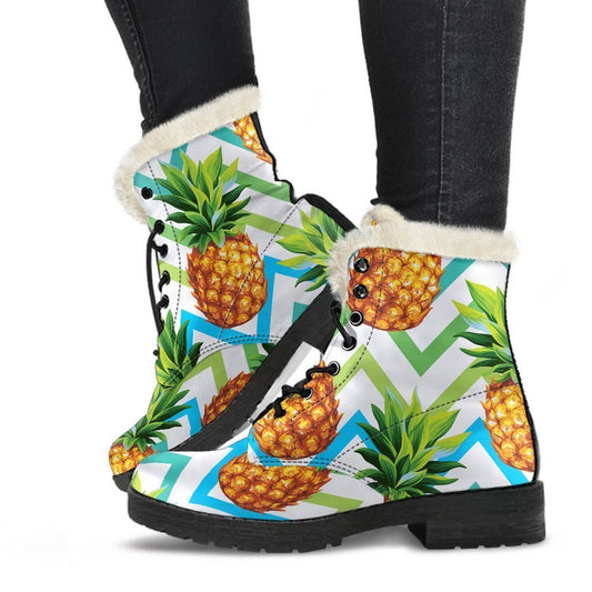 Teal Zig Zag Pineapple Pattern Faux Fur Leather Boots for the Groovy Hippie - 1