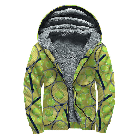 Groovy Tennis Ball and Racket Print Sherpa Lined Zip Up Hoodie for Peace-Loving Hippies - 1