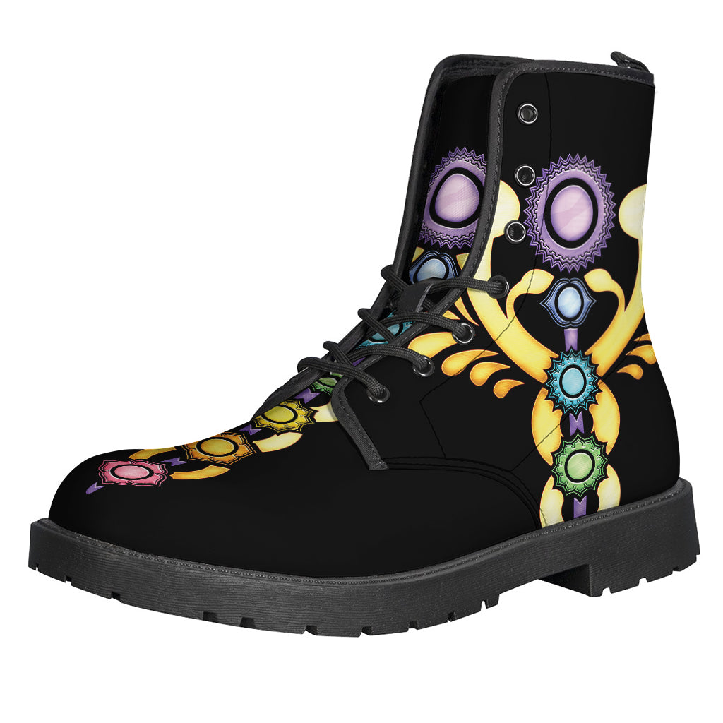 Boho Bliss: The Seven Chakras Caduceus Print Leather Boots - 1