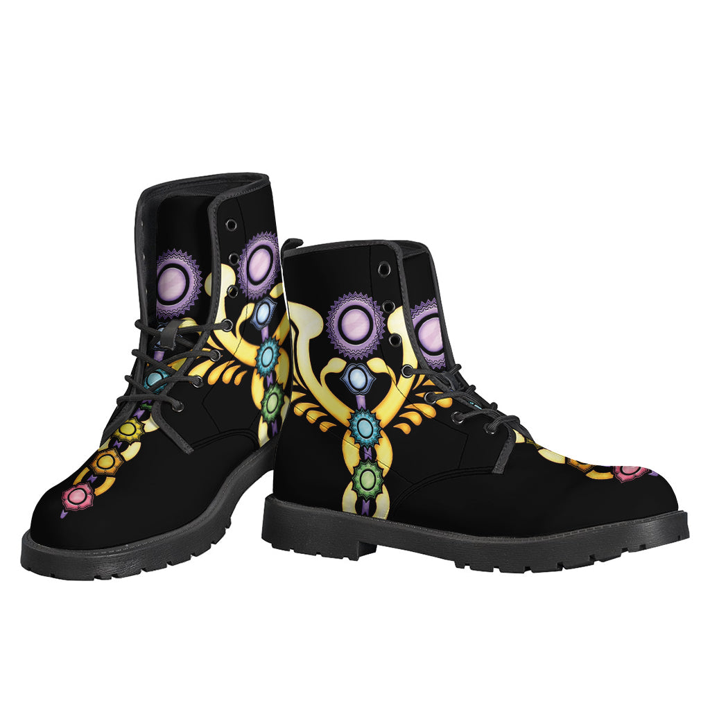 Boho Bliss: The Seven Chakras Caduceus Print Leather Boots - 3