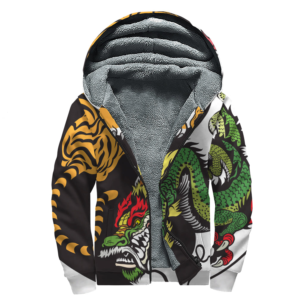 Tiger and Dragon Yin Yang Print Sherpa Lined Zip Up Hoodie: A Groovy Hippie Essential - 1