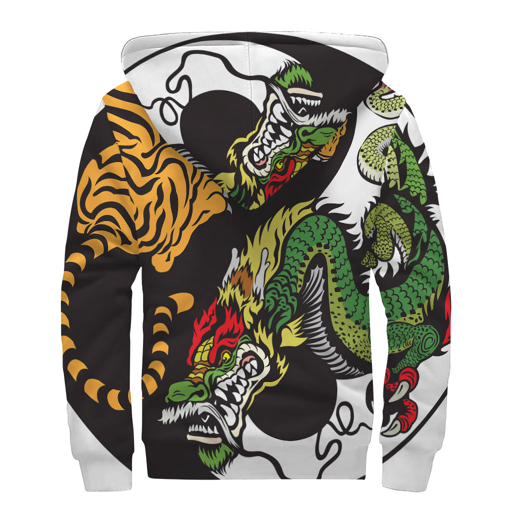 Tiger and Dragon Yin Yang Print Sherpa Lined Zip Up Hoodie: A Groovy Hippie Essential - 2