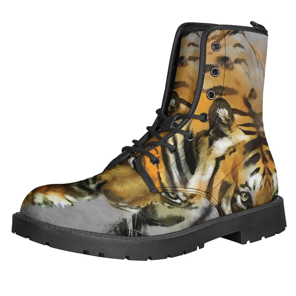 Tiger Painting Print Leather Lightweight Boots for the Free-Spirited Hippie - 1