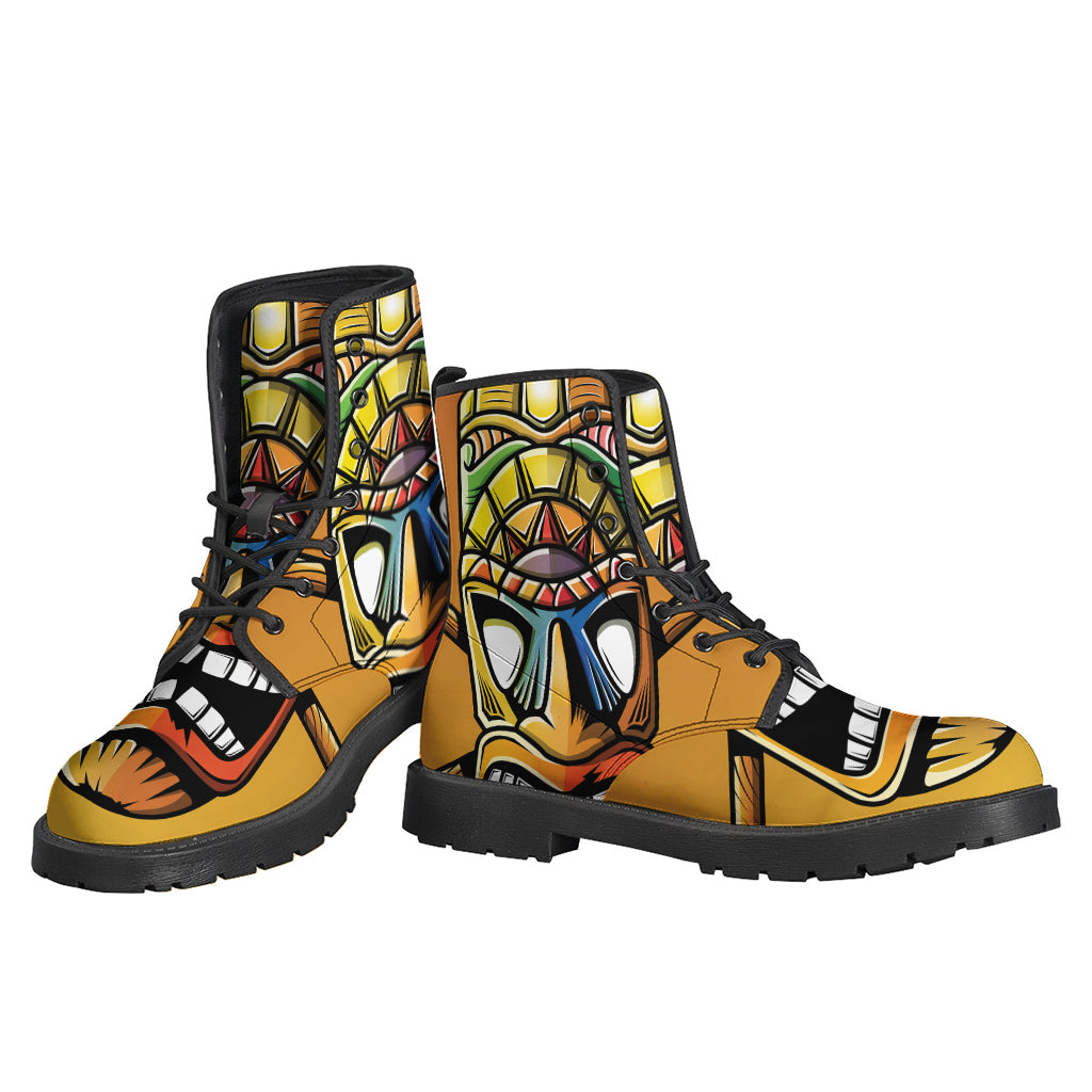 Walk in Peace with Tiki Totem Print Leather Boots - 3