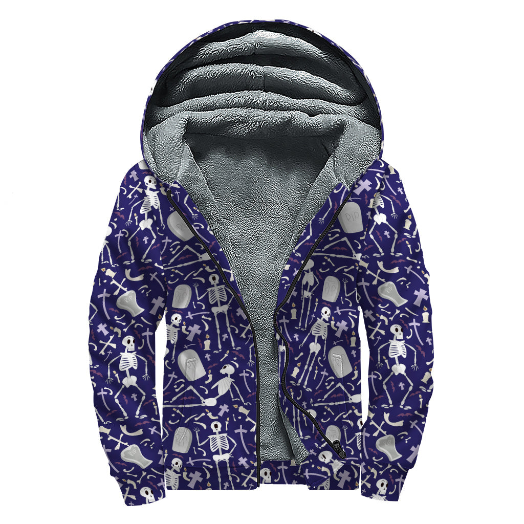 Tomb and Skeleton Pattern Print Sherpa Lined Zip Up Hoodie for Groovy Hippies - 1