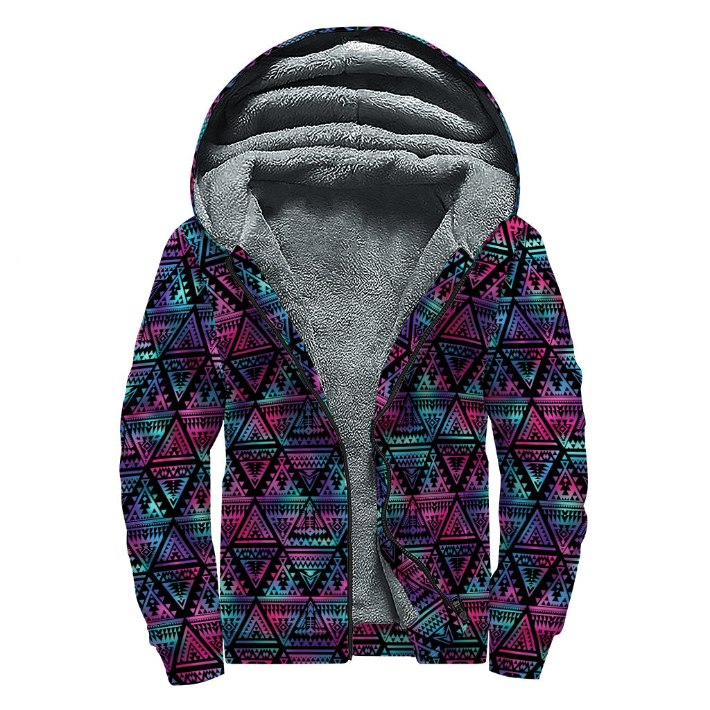 Triangle Ethnic Navajo Pattern Sherpa Lined Zip Up Hoodie for Free-Spirited Hippies - 1