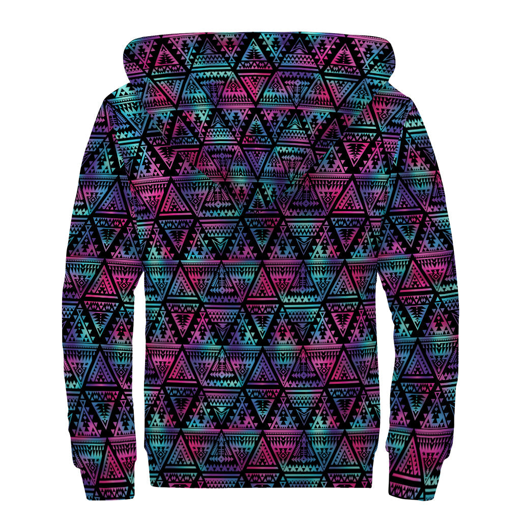 Triangle Ethnic Navajo Pattern Sherpa Lined Zip Up Hoodie for Free-Spirited Hippies - 2