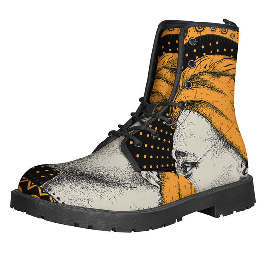 Boho Chic: Tribal African Girl Print Leather Boots for the Modern Hippie - 1