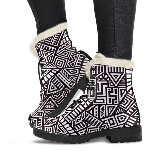 Tribal Aztec Geometric Faux Fur Leather Boots for Stylish Hippies - 1