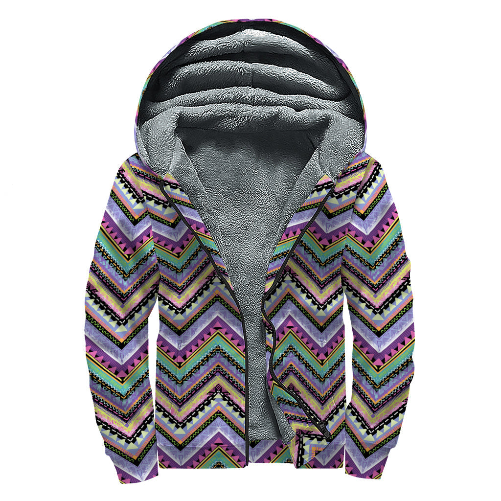 Stay Cozy in Style with our Tribal Aztec Hippie Pattern Sherpa Lined Zip Up Hoodie - 1